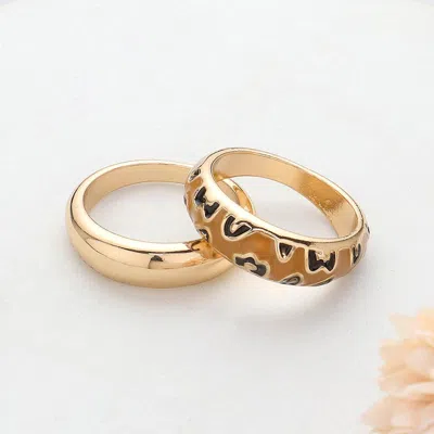 Fashnzfab 2pcs - Enamel Leopard Patterned Metal Band Mixed Rings - Tan In Gold