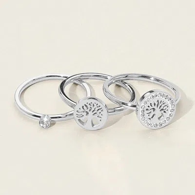 Fashnzfab Secret Box_stainless Steel 3pcs Stone Paved Tree Of Life Accent Stackable Rings In Metallic
