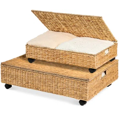 Best Choice Products 2pc Water Hyacinth Nesting Underbed Storage Baskets With Wheels In Brown