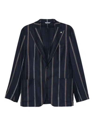 Manuel Ritz Pinstriped Tailored Navy Wool Blend Jacket In Blue