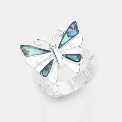 Fashnzfab Abalone Butterfly Stretch Ring - Abalone, Antique Silver In Metallic