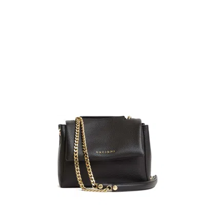 Orciani Structured Hammered Leather Shoulder Bag With Chain Strap In Black