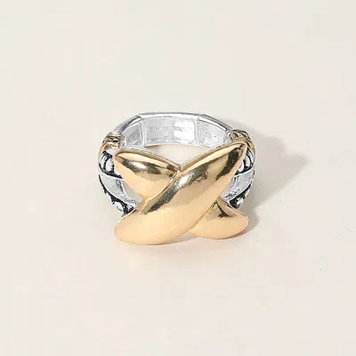 Fashnzfab Two Tone Metal Crisscross Stretch Ring - Two Tone In Gold