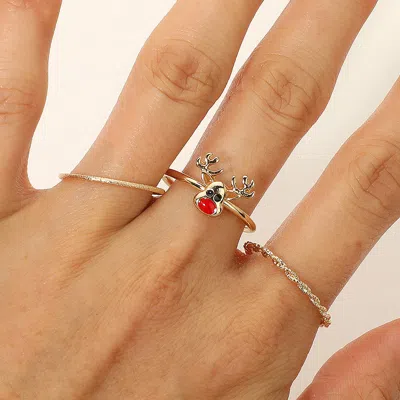 Fashnzfab Secret Box_3pcs Genuine Gold Dipped Reindeer Accent Ring Set - Gold In Gold