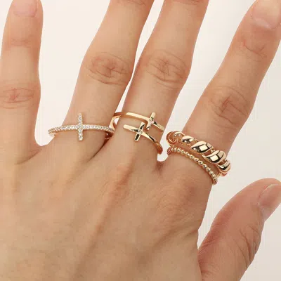 Fashnzfab 4pcs -cross Tip Wrap Bubble Chain Dainty Stackable Ring Set - Clear, Gold In Gold