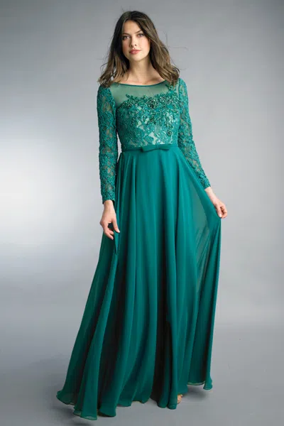 Basix Black Label Long Sleeve Evening Gown With Sequin Beaded Motif In Green