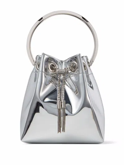 Jimmy Choo Silver Drawstring Bag With Circular Handle In Silver