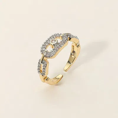Fashnzfab Secret Box_14k Gold Dipped Center Stone Bezel Accent Rhinestone Paved Link Adjustable Ring - Gold In Gold
