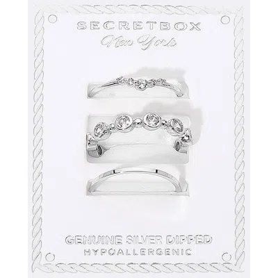 Fashnzfab Secret Box_3pcs Genuine Silver Dipped Crystal Stackable Fashion Ring Set - Silver In Metallic