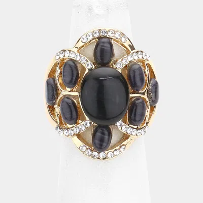 Fashnzfab Oval Stone Embellished Stretch Ring - Black In Black