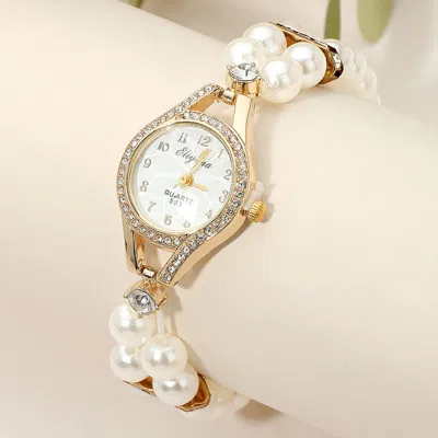 Fashnzfab Secret Box_stainless Steel Stretchable Pearl Strap Rhinestone Paved Rim Quartz Watch - Gold In Gold