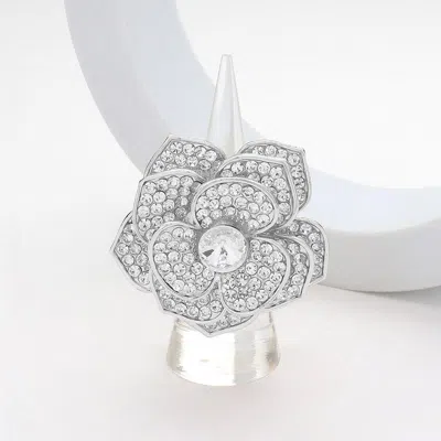 Fashnzfab Round Stone Centered Rhinestone Paved Flower Stretch Ring - Clear, Silver In Metallic
