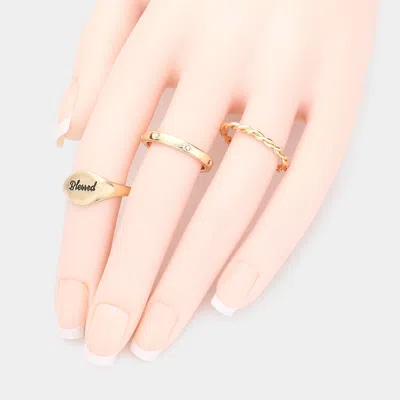 Fashnzfab 3pcs - Blessed Rhinestone Embellished Metal Mixed Ring Set - Worn Gold In Gold