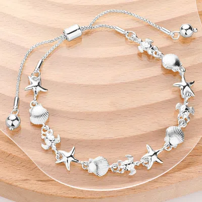 Fashnzfab Metal Starfish Turtle Shell Link Adjustable Pull Tie Bracelet - Silver In Metallic