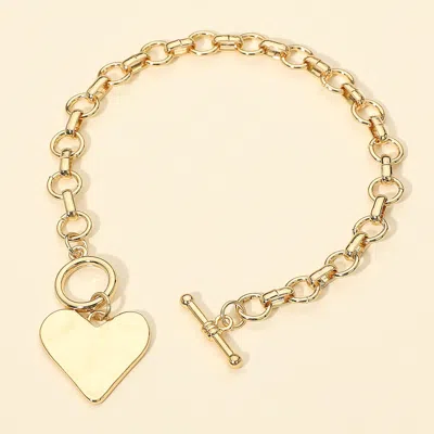 Fashnzfab Hammered Metal Heart Charm Chain Link Toggle Bracelet In Gold