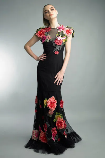Basix Black Label 3d Floral Embellished Evening Gown In Black