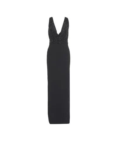 Elisabetta Franchi Maxi Dress With Sequined Deep V-neckline In Black