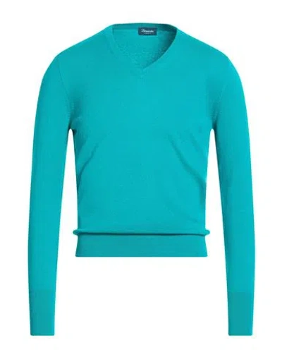 Drumohr Man Sweater Turquoise Size 44 Cashmere In Blue