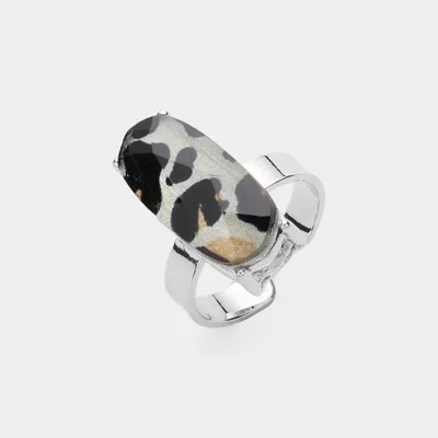 Fashnzfab Leopard Pattern Oval Stone Adjustable Ring - Leopard, Rhodium In Metallic