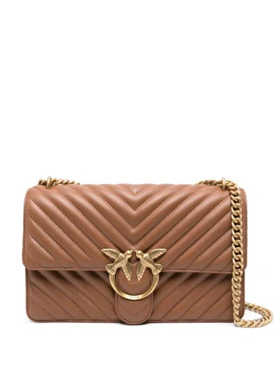 Pinko Quilted Brown Calfskin Shoulder Bag With Gold Hardware In Brown