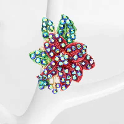 Fashnzfab Rhinestone Embellished Metal Leaf Cluster Stretch Ring - Red In Multi