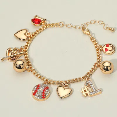 Fashnzfab Heart Smile Number One Baseball Charm Station Bracelet - Clear, Gold In Gold
