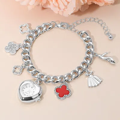 Fashnzfab Silver Dipped Quatrefoil High Heel Dress Charm Heart Watch Bracelet - Red, Rhodium In Metallic