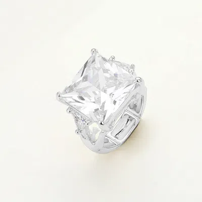 Fashnzfab Square Stone Cluster Stretch Ring - Clear, Silver In Metallic