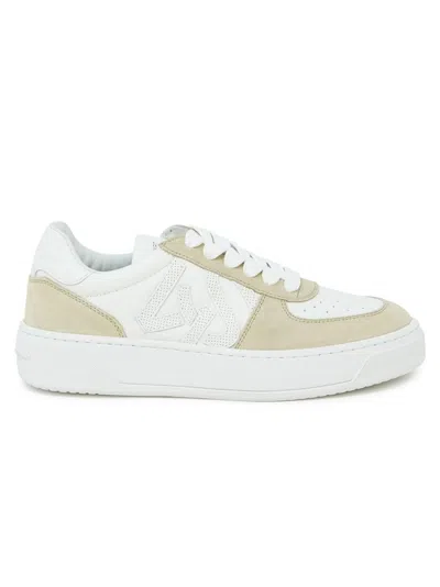 Stuart Weitzman White/beige Calf Leather Courtside Monogram Sneaker In White