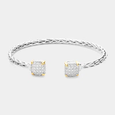 Fashnzfab Square Cz Stone Cluster Tip Cuff Bracelet - Rhodium In Metallic