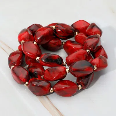 Fashnzfab 3pcs - Chunky Marbled Pebble Beaded Stretch Multi Layered Bracelets In Red