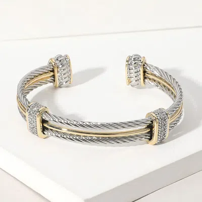 Fashnzfab Cz Stone Paved Two Tone Metal Rope Cuff Bracelet - Two Tone In Metallic