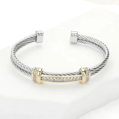 Fashnzfab Two Tone Cz Stone Paved Rope Cuff Bracelet - Two Tone In Metallic