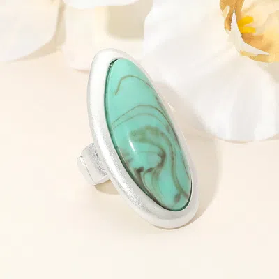 Fashnzfab Bold Abstract Oval Natural Stone Stretch Ring - Rhodium, Turquoise In Metallic
