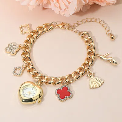 Fashnzfab Gold Dipped Quatrefoil High Heel Dress Charm Heart Watch Bracelet - Gold, Red In Gold