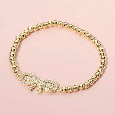 Fashnzfab Stainless Steel Stone Paved Bow Ball Beaded Stretch Bracelet - Gold In Gold