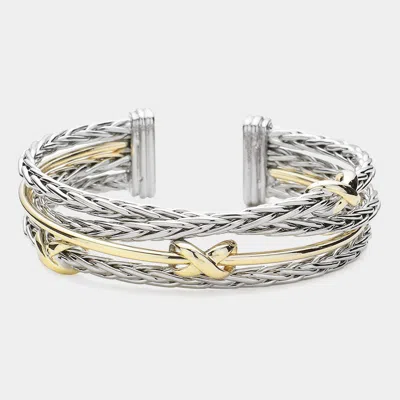 Fashnzfab Two Tone Criss Cross Pointed Braided Metal Cuff Bracelet - Two Tone In Metallic