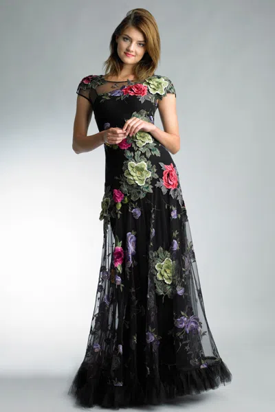 Basix Black Label Sheer Applique Overlay Gown In Black