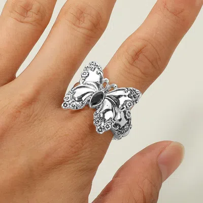 Fashnzfab Marquise Stone Accent Antique Metal Butterfly Stretch Ring - Antique Silver In Metallic