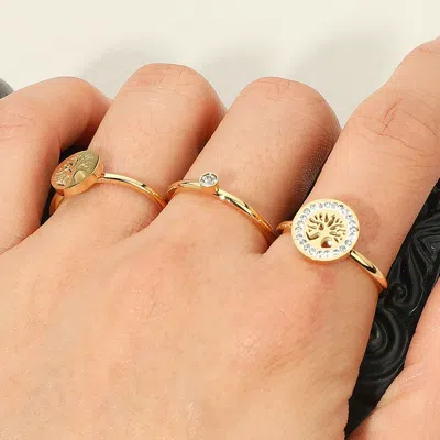 Fashnzfab Secret Box_stainless Steel 3pcs Stone Paved Tree Of Life Accent Stackable Rings In Gold