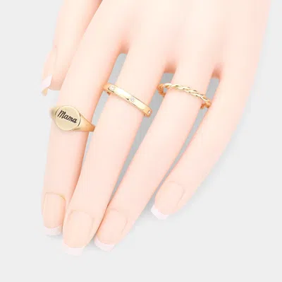 Fashnzfab 3pcs - Mama Rhinestone Embellished Metal Mixed Ring Set - Worn Gold In Gold