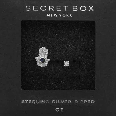 Fashnzfab Secret Box_sterling Silver Dipped Cz Hamsa Hand Evil Eye Ring - Silver In Metallic