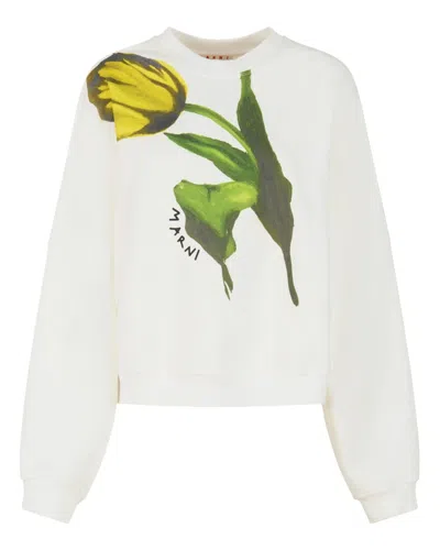 Marni White Cotton Sweatshirt With Tulip Print In White