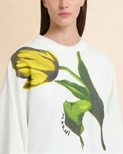 Marni White Cotton Sweatshirt With Tulip Print In White