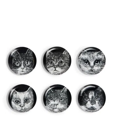 Fornasetti Set Of 6 Porcelain High Fidelity Trinket Trays In Black