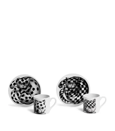 Fornasetti Set Of 2 High Fidelity Coffee Cups And Saucers In Black