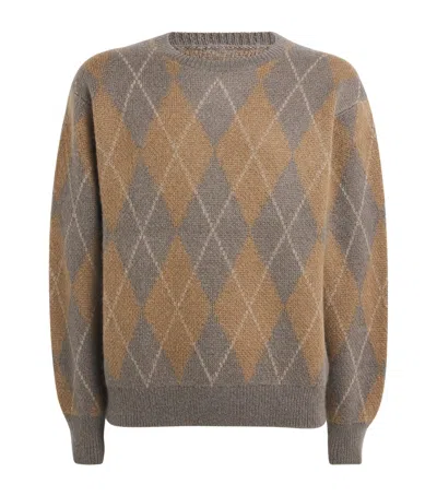 Frame Mens Taupe Multi Argyle-pattern Crewneck Knitted Jumper In Multi