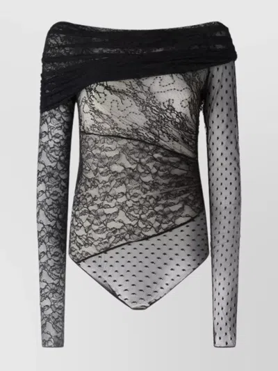 Pinko Off-the-shoulder Lace Polka Dot Top In Black