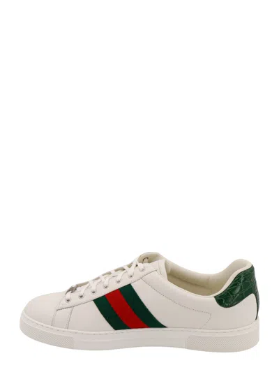Gucci Ace Leather Sneakers With Lateral Web Band In White