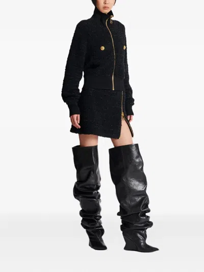 Balmain Textured Fabric Short Jacket With High Collar In Black
